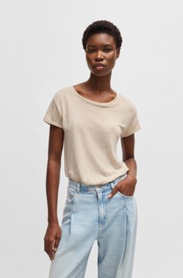 T-shirt en lin &agrave; encolure d&eacute;gag&eacute;e et dos fronc&eacute;, Beige clair