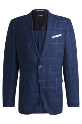 BOSS - Slim-fit jacket in a checked linen blend - Dark Blue