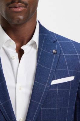 Slim-fit jacket in a checked linen blend, Dark Blue