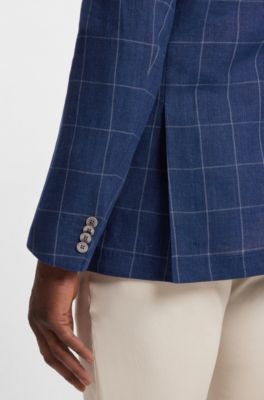 Slim-fit jacket in a checked linen blend, Dark Blue