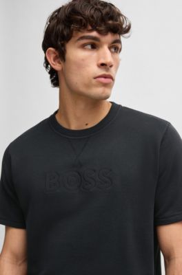 Camiseta de felpa de algod&oacute;n con logo bordado, Negro