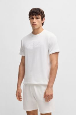 T-shirt en molleton de coton avec logo brod&eacute;, Blanc