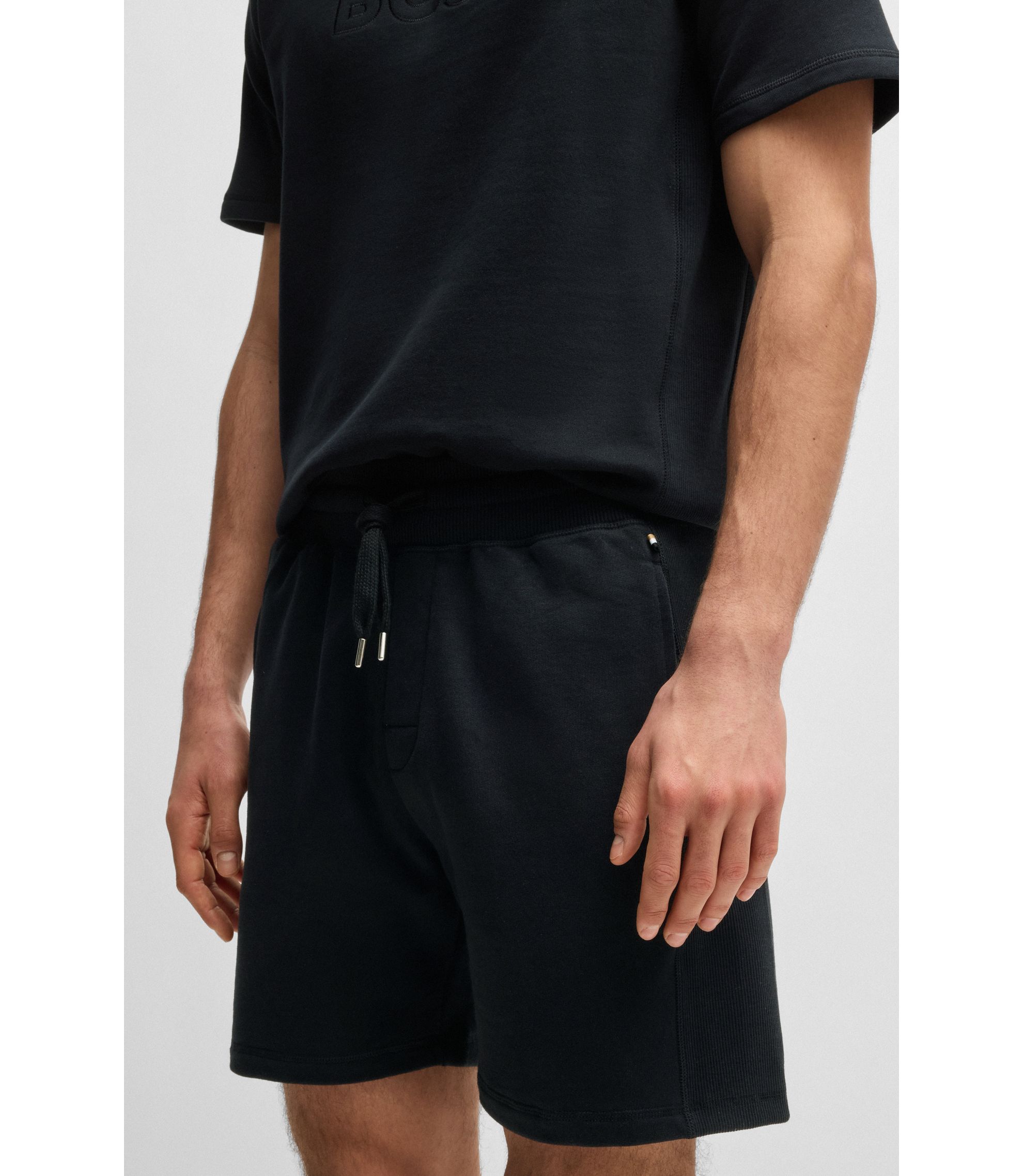 BOSS - Cotton-terry shorts with outline logo embroidery - Black