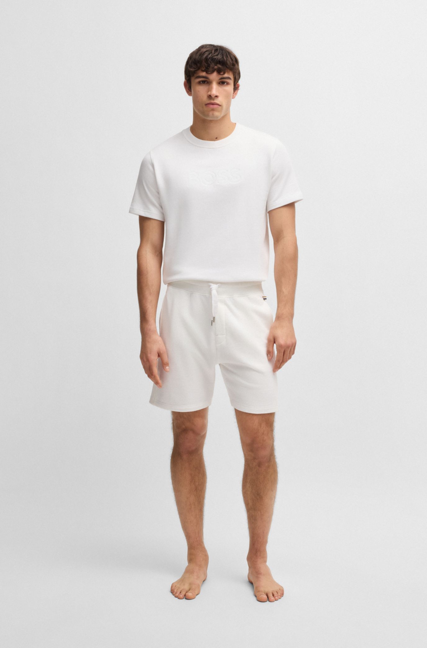 BOSS - Cotton-terry shorts with outline logo embroidery - White