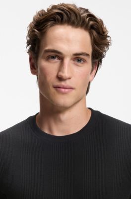 Cotton-blend T-shirt with waffle structure, Black