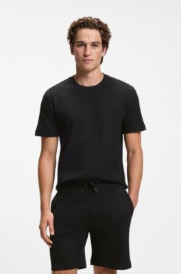 Cotton-blend T-shirt with waffle structure, Black