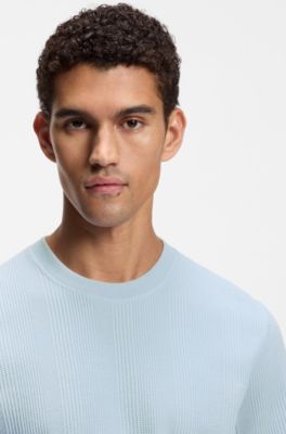 Cotton-blend T-shirt with waffle structure, Light Blue