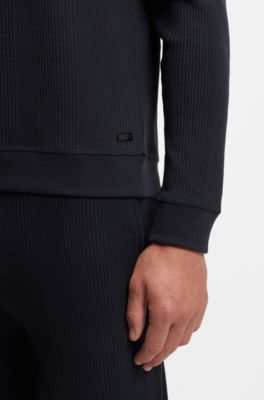 Sweat zipp&eacute; en coton m&eacute;lang&eacute; &agrave; la texture gaufr&eacute;e, Bleu fonc&eacute;