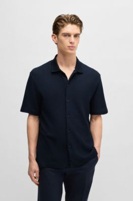 Regular-fit shirt in waffle cotton, Dark Blue