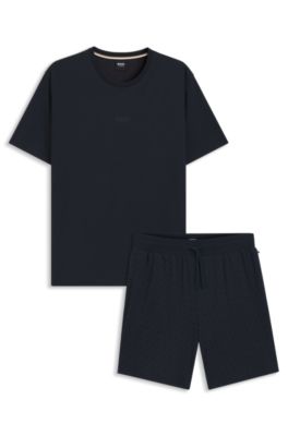 Two-piece branded pajama set in interlock cotton, Dark Blue