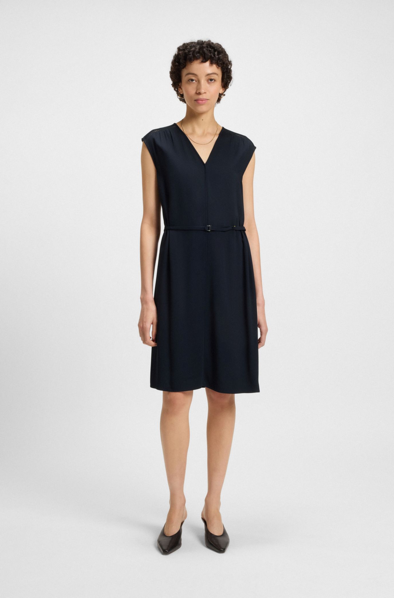 BOSS - V-neck dress with integrated belt - Dark Blue