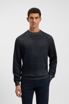 Cotton-linen sweater with striped knit, Dark Blue