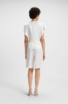 Frill-sleeve blouse with crochet-style trims, White