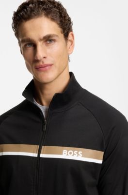 Cotton-terry zip-up jacket with stripe print, Black