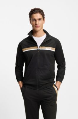Cotton-terry zip-up jacket with stripe print, Black