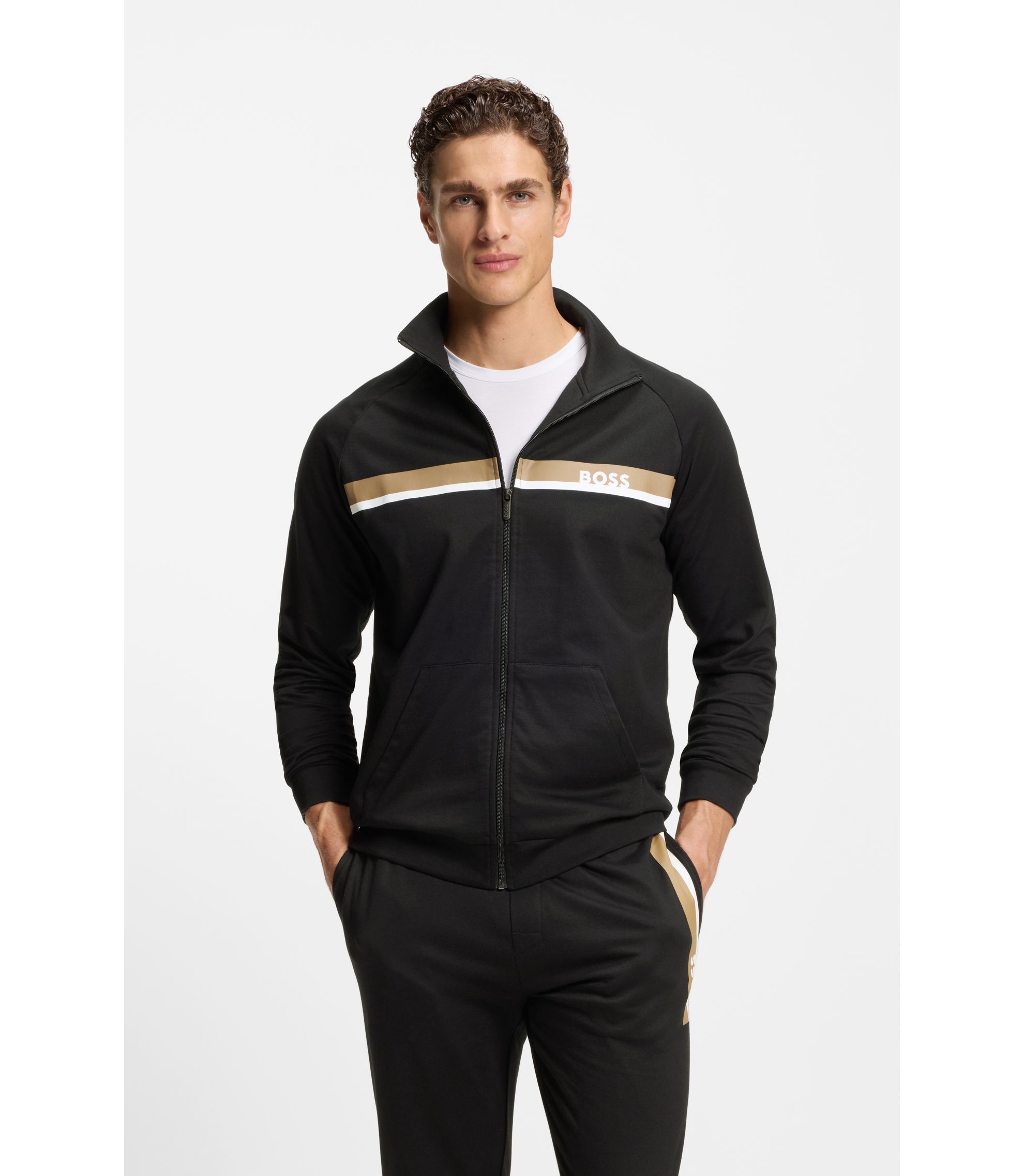 トップス Bostie BOSS - Cotton-terry zip-up jacket with stripe print - Black