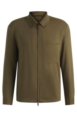 Relaxed-fit zipped overshirt in a linen blend, Dark Green