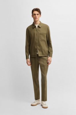Relaxed-fit zipped overshirt in a linen blend, Dark Green