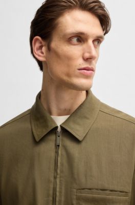 Relaxed-fit zipped overshirt in a linen blend, Dark Green