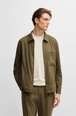 Relaxed-fit zipped overshirt in a linen blend, Dark Green