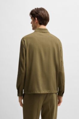 Relaxed-fit zipped overshirt in a linen blend, Dark Green