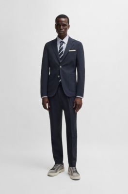 Slim-fit blazer in wool seersucker with silk, Dark Blue