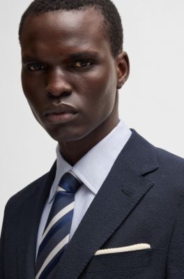 Slim-fit blazer in wool seersucker with silk, Dark Blue