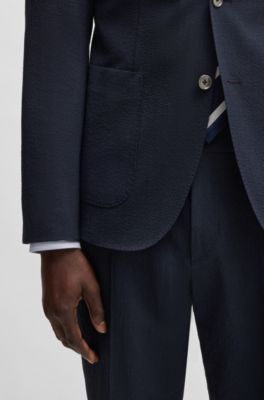 Slim-fit blazer in wool seersucker with silk, Dark Blue