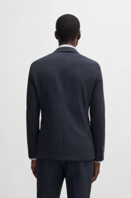 Slim-fit blazer in wool seersucker with silk, Dark Blue