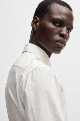 Slim-fit shirt in striped Italian-made cotton, Dark Blue