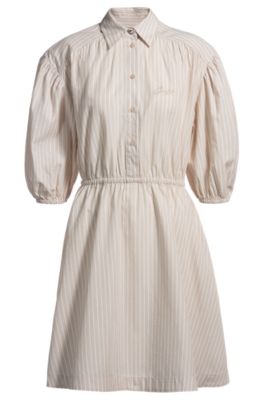 Striped-cotton shirt dress with elasticated waist, Light Beige