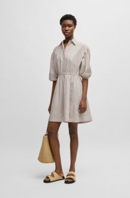 Striped-cotton shirt dress with elasticated waist, Light Beige