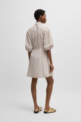 Striped-cotton shirt dress with elasticated waist, Light Beige
