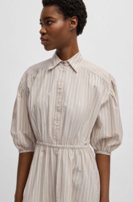 Striped-cotton shirt dress with elasticated waist, Light Beige