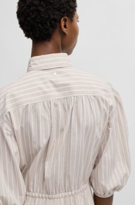 Striped-cotton shirt dress with elasticated waist, Light Beige