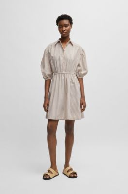 Striped-cotton shirt dress with elasticated waist, Light Beige