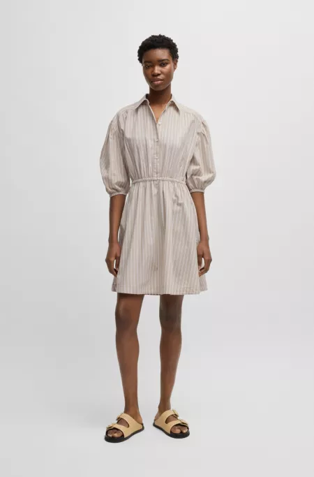 Striped-cotton shirt dress with elasticated waist