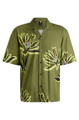 Chemise Relaxed en coton italien avec imprim&eacute; &agrave; fleurs, Vert