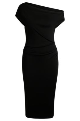 Stretch-jersey dress with off-the-shoulder neckline, Black