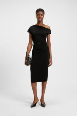 Stretch-jersey dress with off-the-shoulder neckline, Black