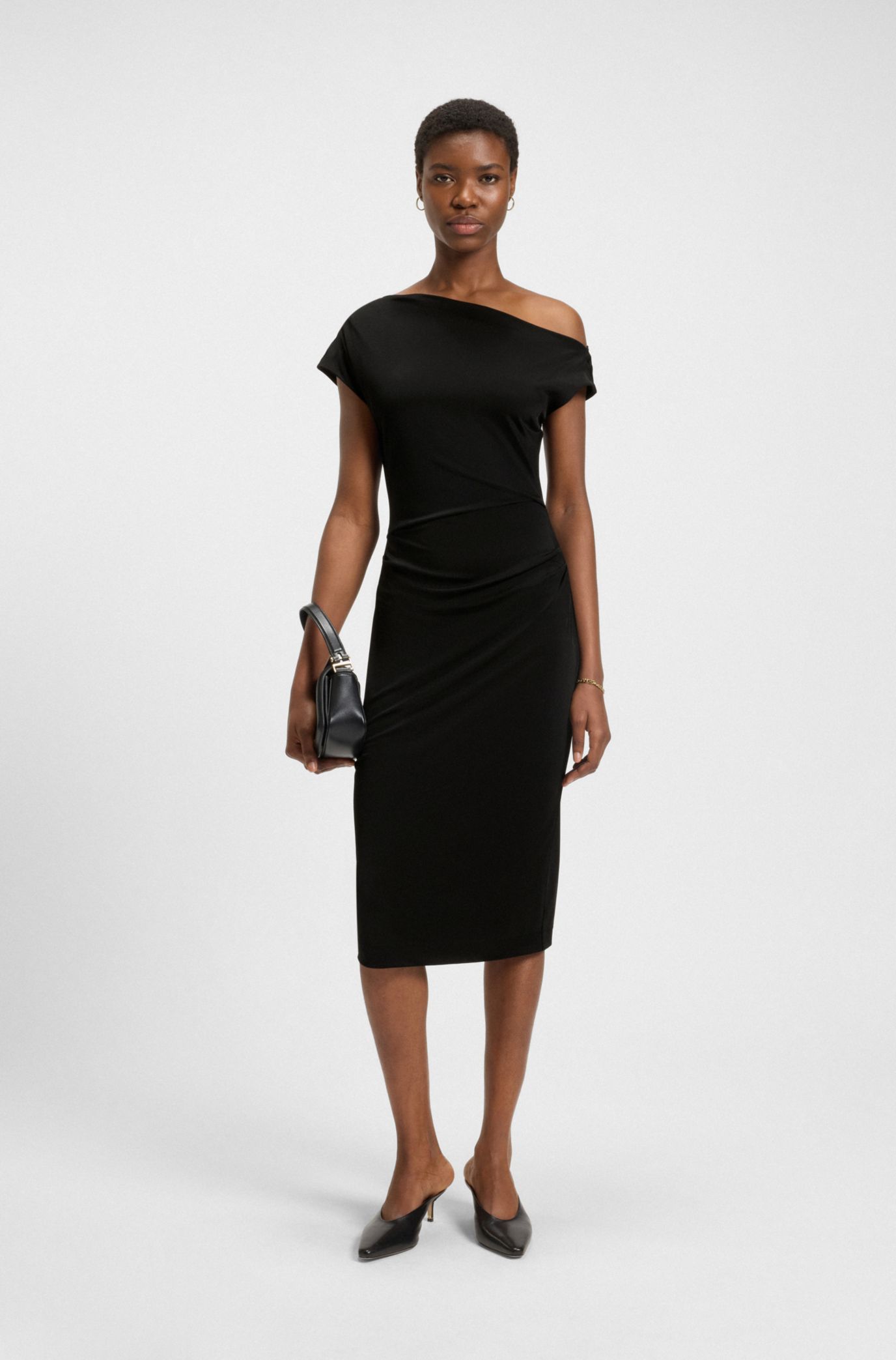 BOSS - Stretch-jersey dress with off-the-shoulder neckline