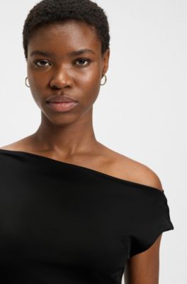 Stretch-jersey dress with off-the-shoulder neckline, Black