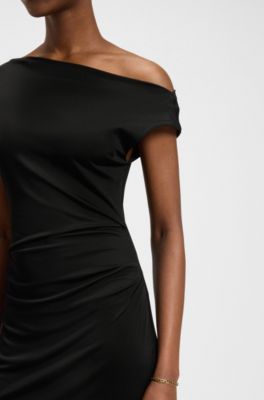 Stretch-jersey dress with off-the-shoulder neckline, Black