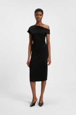 Stretch-jersey dress with off-the-shoulder neckline, Black