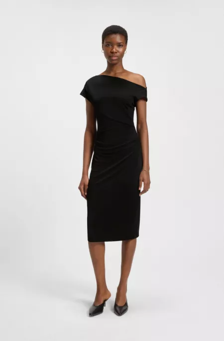 Stretch-jersey dress with off-the-shoulder neckline
