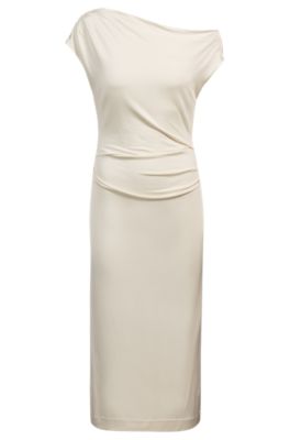 Stretch-jersey dress with off-the-shoulder neckline, White