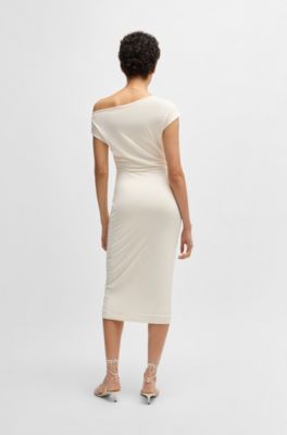 Stretch-jersey dress with off-the-shoulder neckline, White