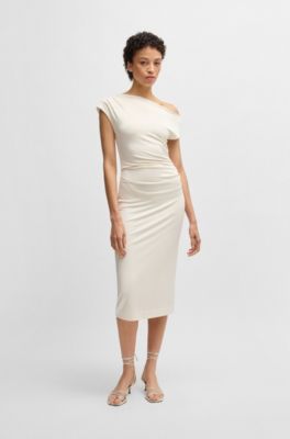 Stretch-jersey dress with off-the-shoulder neckline, White