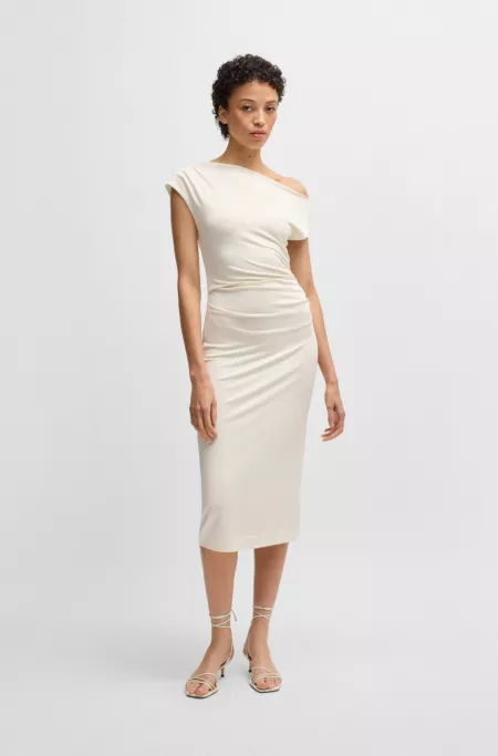 Stretch-jersey dress with off-the-shoulder neckline