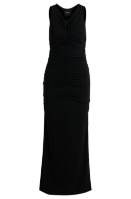 Vestido de punto con fruncido y detalle de abertura, Negro